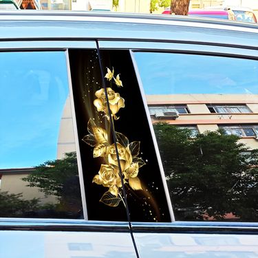 Center Column B-Pillar Protective Film Gold Floral Rose Anime Window Decoration Car Sticker_autovado.com