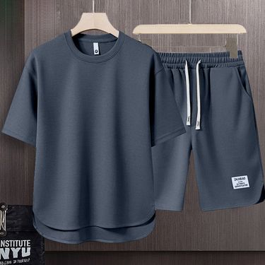 Men's Clothing Summer fashion brand new short sleeved T suit men's loose large size shorts set advanced handsome waffle two piece suit_autovado.com