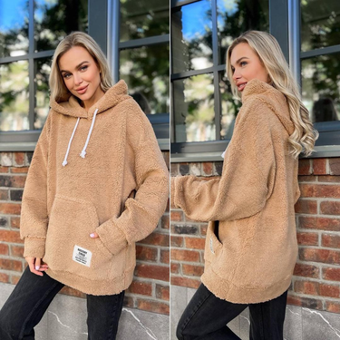 Women's flannel loose hooded long-sleeved pullover plush sweatshirt_autovado.com