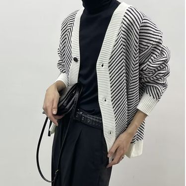 Men's Clothing New retro vintage striped sweater men's outer wear loose style ins lazy style knitted cardigan jacket_autovado.com