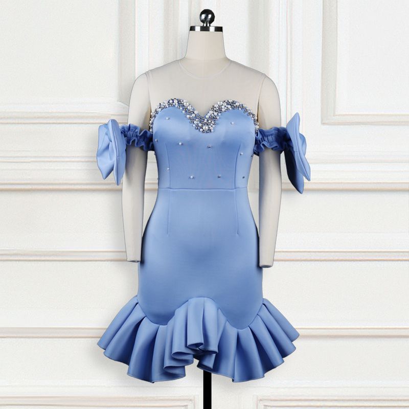 Women's Splicing perspective mesh beaded bow hip skirt party plus size women's dress party dress_autovado.com