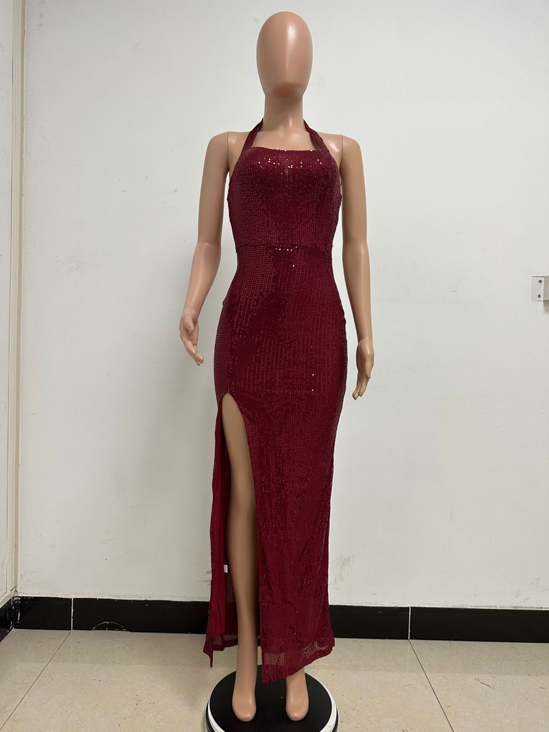 Women's slit sleeveless hot girl dress female halter neck backless sequin dress skirt_autovado.com