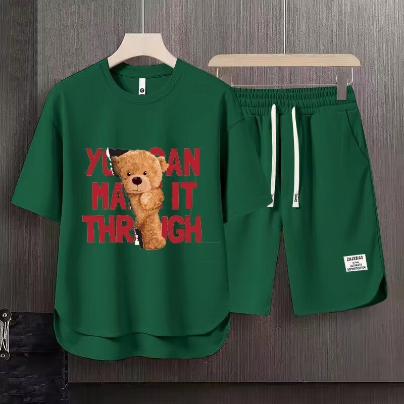 Men's Clothing 2024 Waffle Casual Summer Suit Men's Loose Teen Short sleeved T shirt Shorts Handsome Two piece Suit_autovado.com