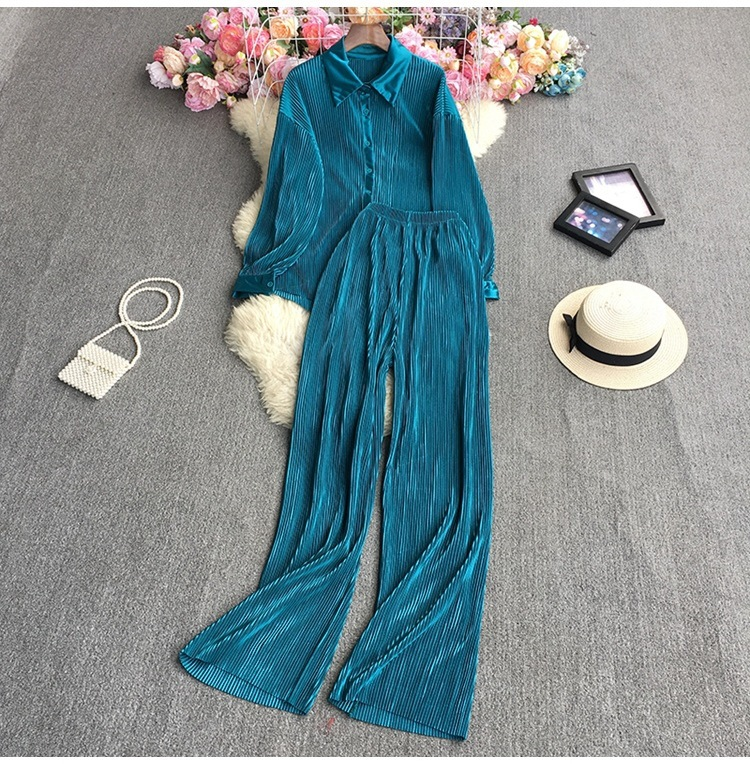 Women's Fashion Clean Color Shirt Two-piece Set Of High Waist Vertical Vertical Wide Leg Pants_autovado.com