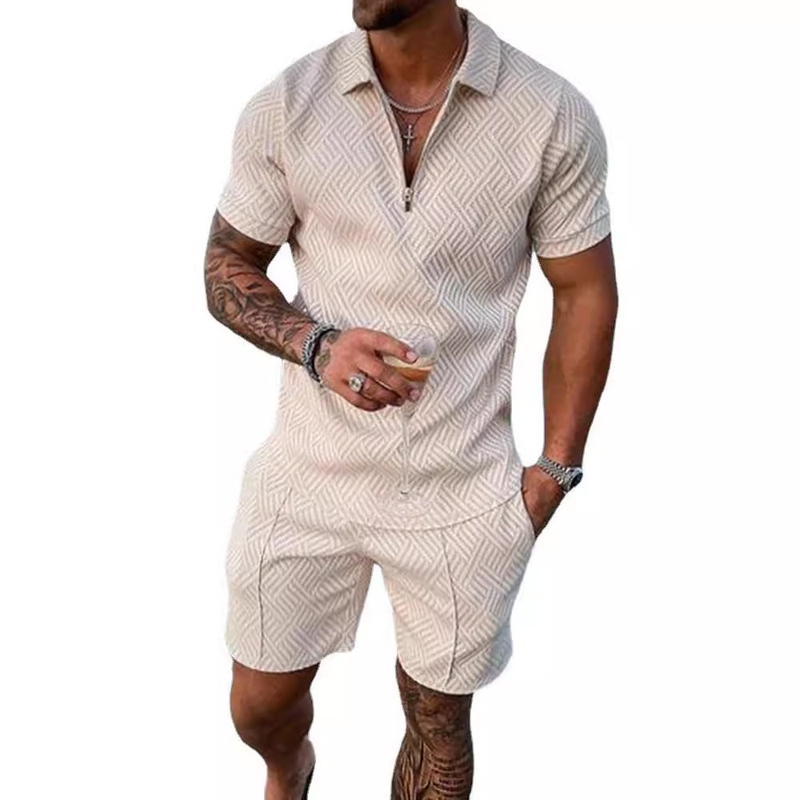Men's Fashion Casual Suit 3D Printed Zipper Short Sleeve Polo Shirt Shorts 2-Piece Set_autovado.com