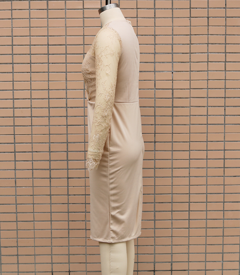 Women's Deep V Neck Long Sleeve Lace Patchwork Slim Fit Hip Wrap Dress_autovado.com