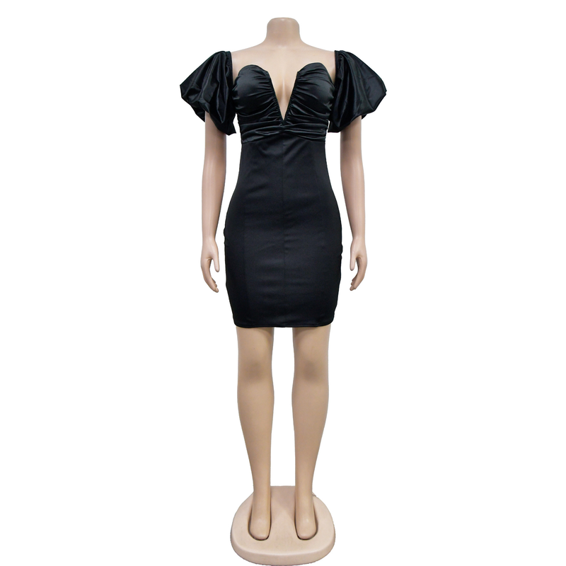 Women's Clothing fashion women's solid color short-sleeved pleated backless skirt dress_autovado.com
