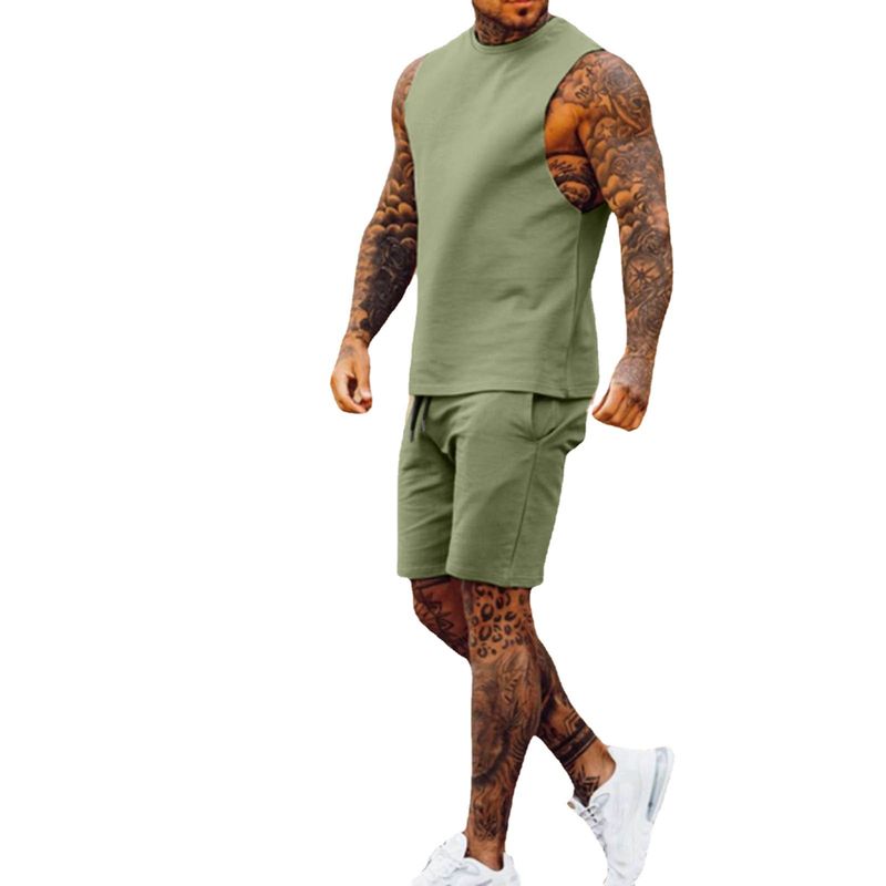 Men's casual thin five-point pants sleeveless top solid color vest shorts two-piece set_autovado.com