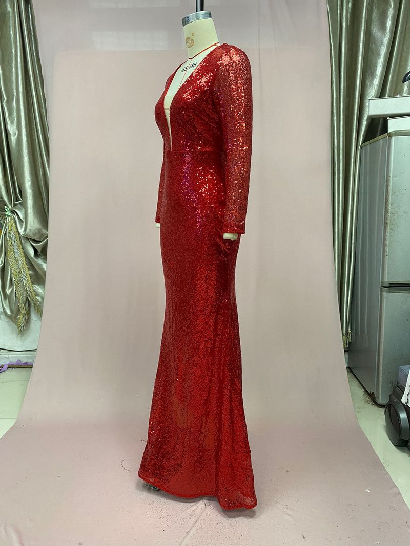 Women's Clothing Women's Dress Fishtail Edge Red Sparkling Long Sleeve V-neck Dress Long Skirt_autovado.com