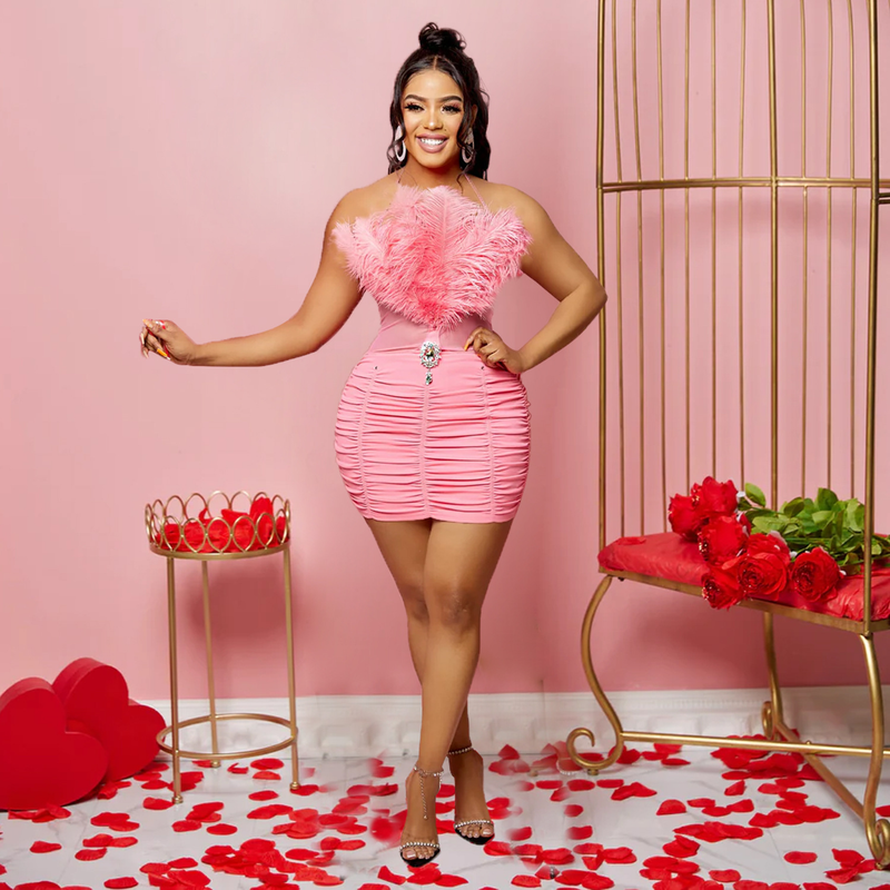 Women's solid color feather tube top sleeveless short skirt dress_autovado.com