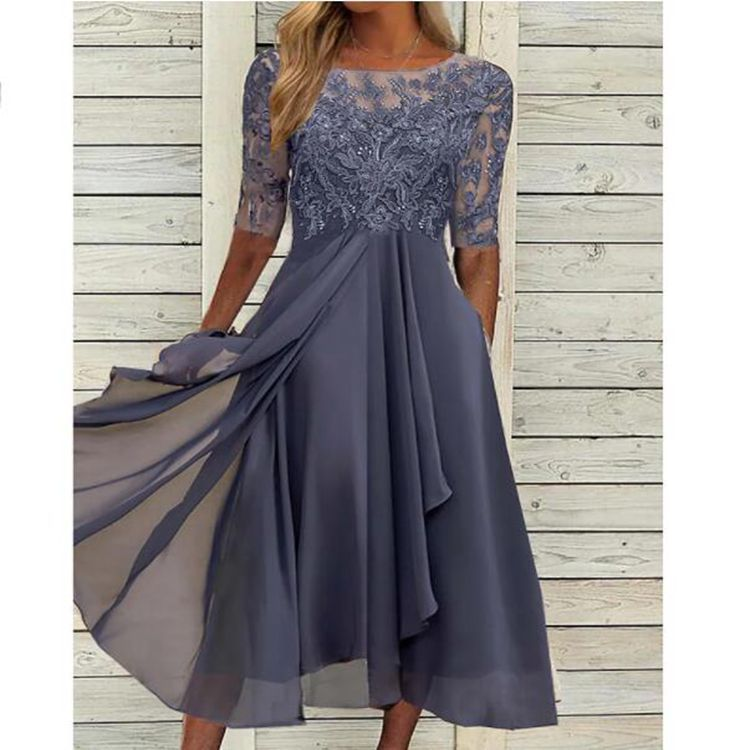 Women's clothing Dress Chiffon Spliced Lace Hollow Long Skirt Bridesmaid Evening Dress Women's Clothing_autovado.com