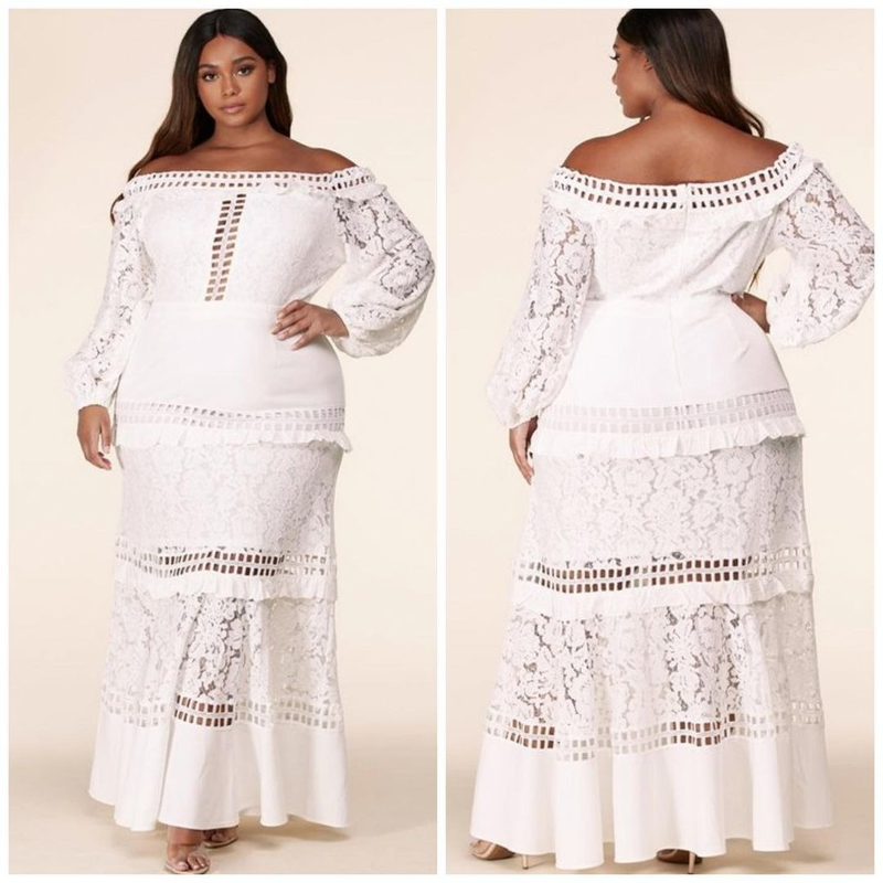 Women's lace dress line shoulder lotus wedding gown evening gown banquet dress_autovado.com