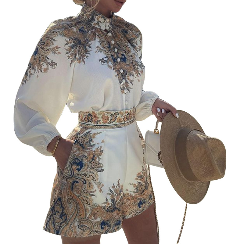 Women's printed long-sleeved blouse and shorts set two-piece_autovado.com