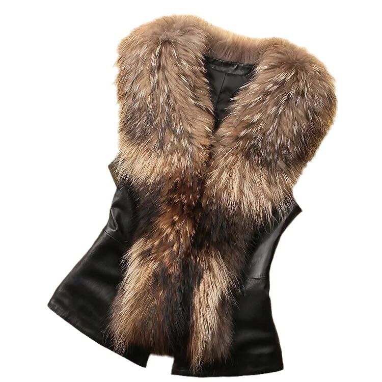 Women's Clothing Adult Vest Fox Fur Collar Pu Vest_autovado.com