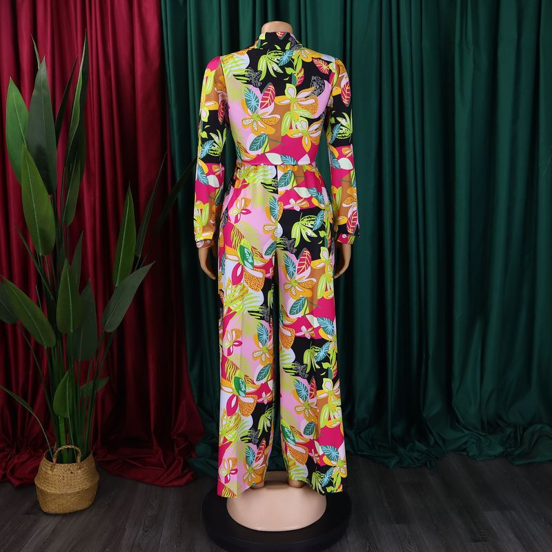 Women's Fashion Print Two-piece Suit Lapel Tie Shirt Wide Leg Pants Suit_autovado.com
