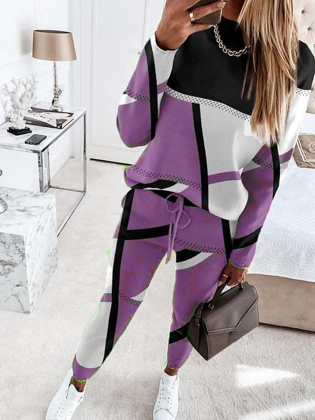 Autumn and winter new women's fashion color matching printed long-sleeved casual women's suit_autovado.com