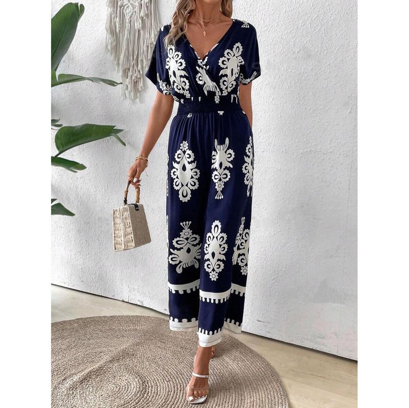 Women's V-neck bat sleeve waist jumpsuit_autovado.com