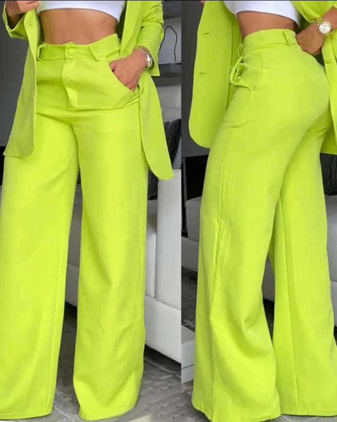 women's Clothing, Elegant And Solid Color Split Sleeve Lapel Suit With Pockets And Straight Pants Suit_autovado.com