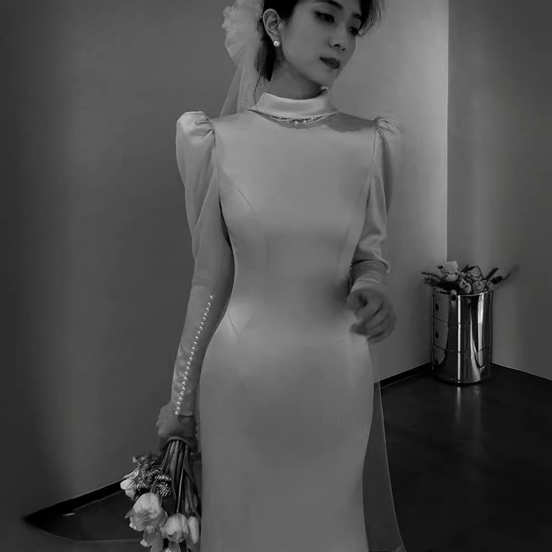 women's light wedding dress, simple slim fit, slim satin evening dress, long sleeves, backless, welcome yarn with small tail_autovado.com