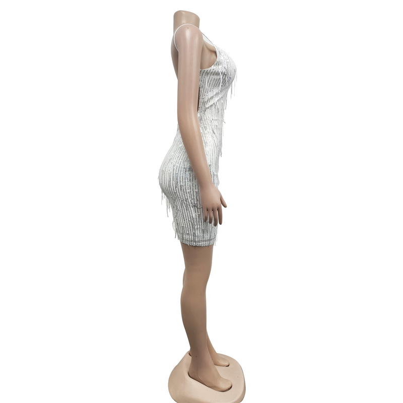 Women's solid color sequined sleeveless V-neck backless dress for women_autovado.com