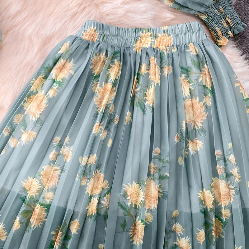 Women's Clothing light mature style, lantern long sleeves, bowknot, loose printed chiffon shirt, two-piece suit, high waist skirt_autovado.com