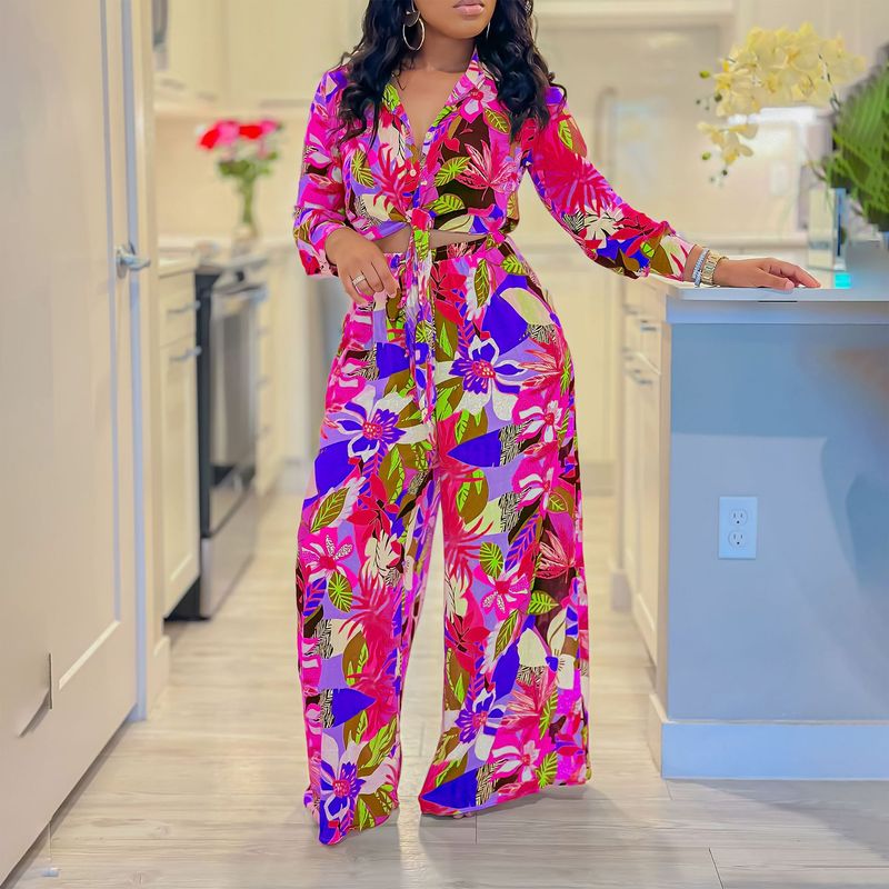 Women's Fashion Print Two-piece Suit Lapel Tie Shirt Wide Leg Pants Suit_autovado.com