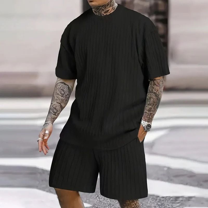 Men's Textured Linen Blend Set - Summer Loose Fit Short Sleeve Suit | Vacation Ready Coordinated Outfit_autovado.com