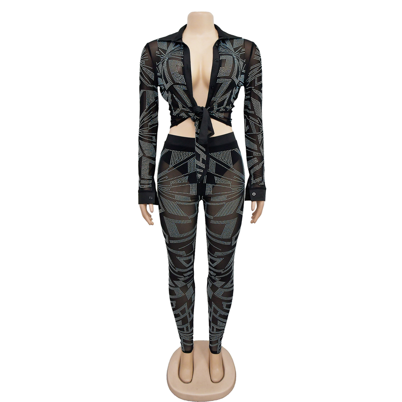 Women's Clothing fashion women's solid color mesh hot diamond long-sleeved trousers two-piece set_autovado.com