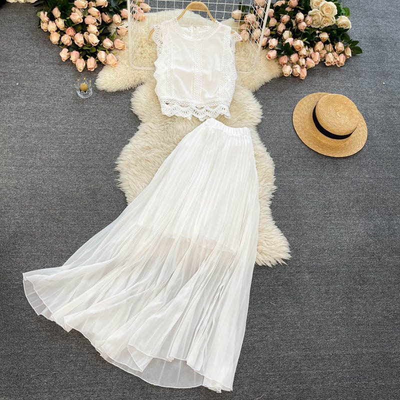 Women's fashion high-waisted lean pressed chiffon skirt two-piece set_autovado.com