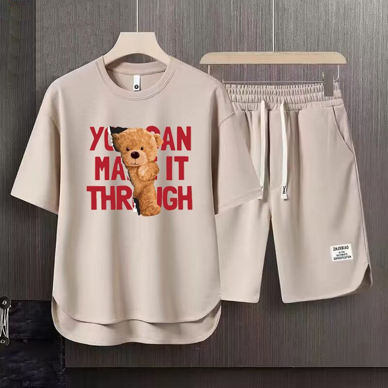 Men's Clothing 2024 Waffle Casual Summer Suit Men's Loose Teen Short sleeved T shirt Shorts Handsome Two piece Suit_autovado.com