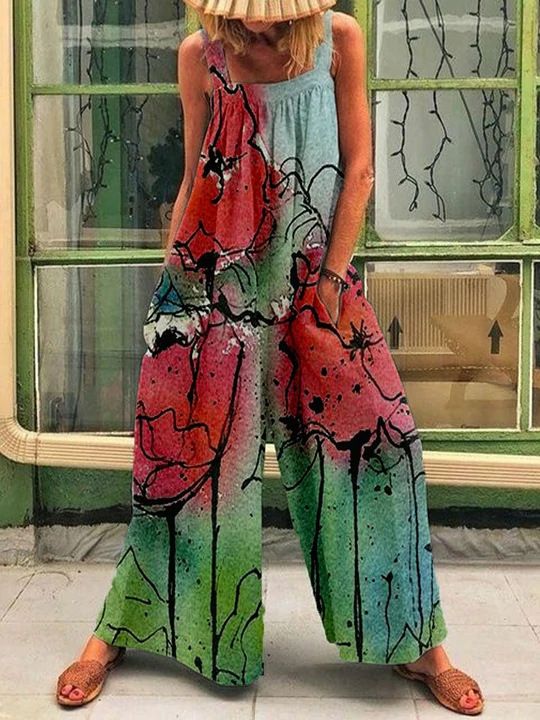 Women's 2023 Summer New Large Fashion Print Loose Strap Wide Leg Jumpsuit_autovado.com