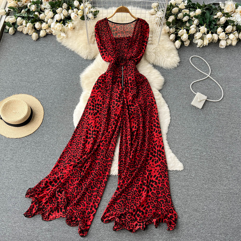 Women's temperament square collar sleeveless jumpsuit summer new style waist slimming loose wide leg pants_autovado.com