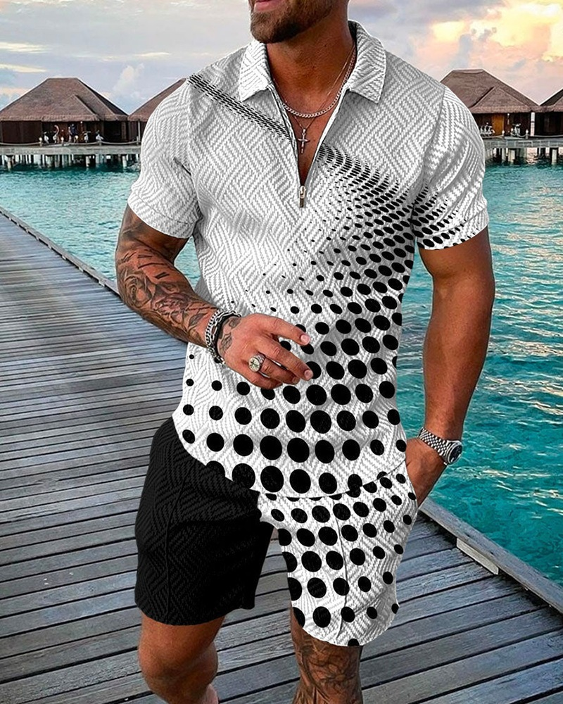 Men's Fashion Casual Suit 3D Printed Zipper Short Sleeve Polo Shirt Shorts 2-Piece Set_autovado.com