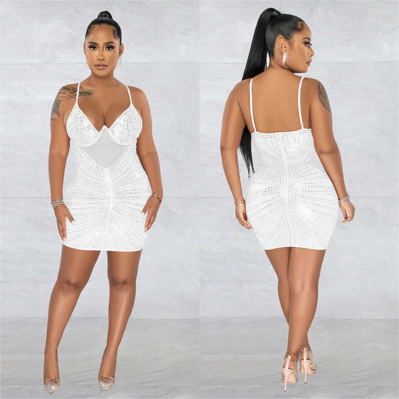 Women's hot diamond mesh suspender sleeveless short skirt dress_autovado.com