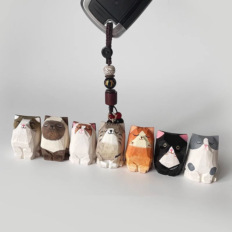 Hand Carved Wood Carved Orange Cat Shiba Inu Mi Ping An Six Character Mantra Woven Keychain Chain Ring Car Schoolbag Pendant Ornament_autovado.com