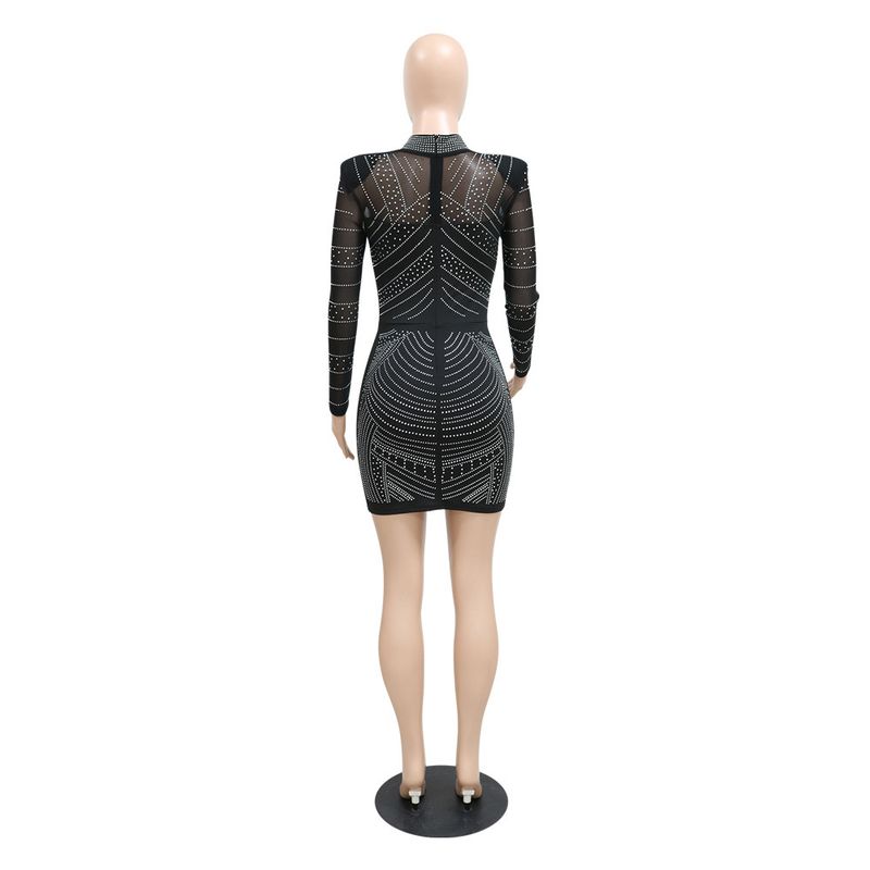 Women's Clothing round neck long-sleeved dress with hollow design on the chest and rhinestone hip party dress_autovado.com