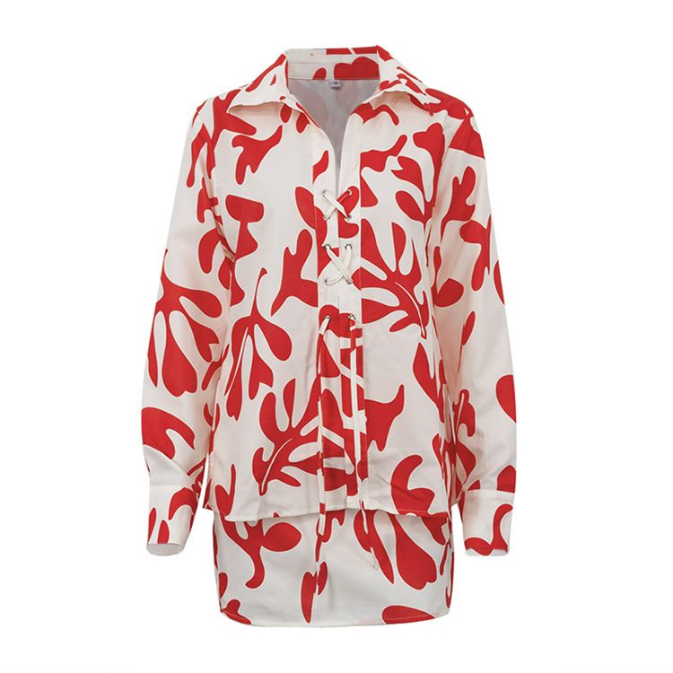 Women's Clothing summer printed short skirt lapel loose women's shirt casual suit_autovado.com