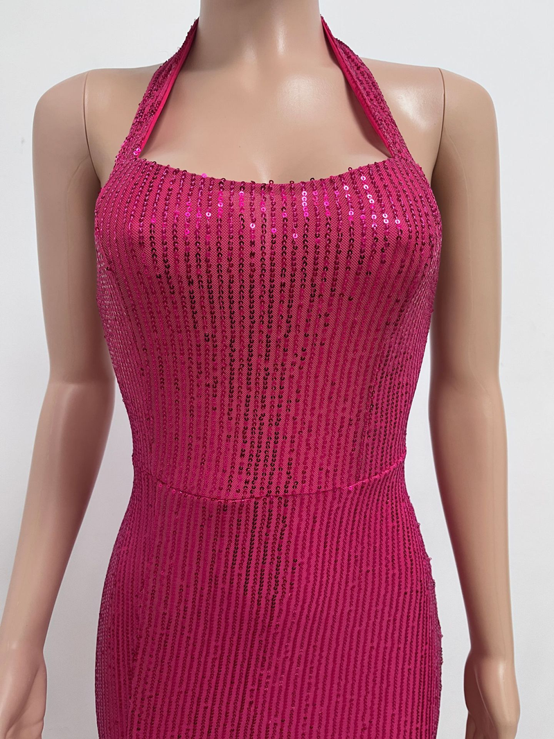 Women's slit sleeveless hot girl dress female halter neck backless sequin dress skirt_autovado.com