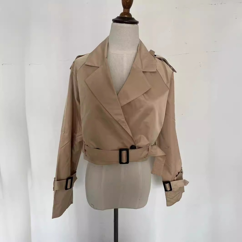 New women's European and American style belted long sleeved short casual windbreaker jacket_autovado.com