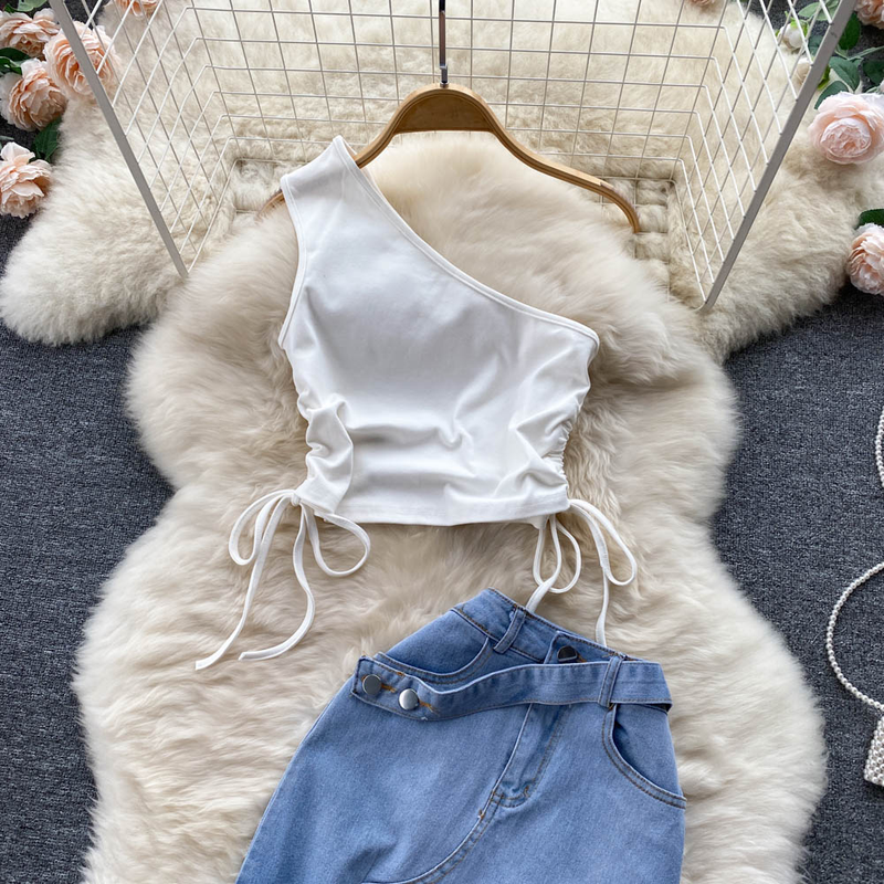 Women's Smocked Strappy Shoulder Vest Irregular Raw Edge Slit Denim Skirt Two-piece Set_autovado.com