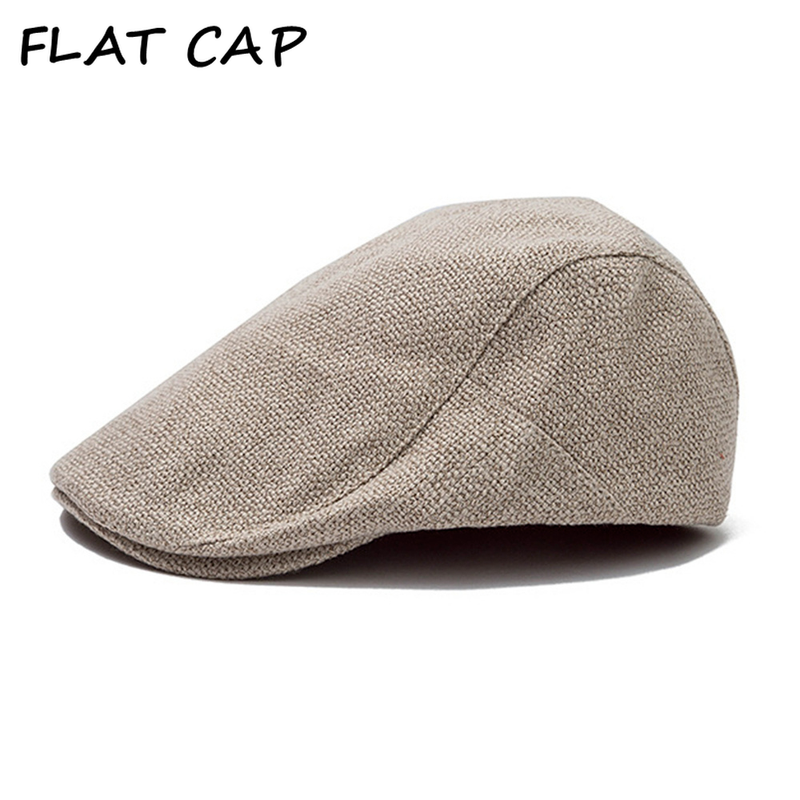 Hot Sale FLAT CAP Summer Mens Beret Linen Peaked Adjustable Newsboy Cap Breathable Vintage Solid Black Ivy Duckbill Hat_autovado.com