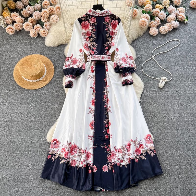 Women's Clothing color matching print slim long puff sleeve temperament dress spring dress _autovado.com