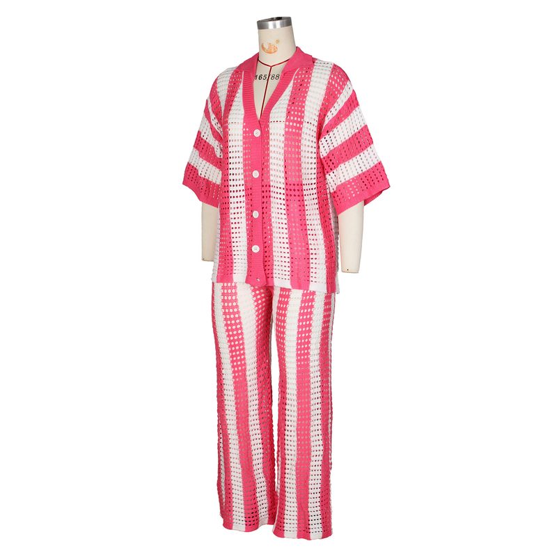 Women's Clothing sexy ladies V-neck hollow striped lapel knitted wide pants suit_autovado.com