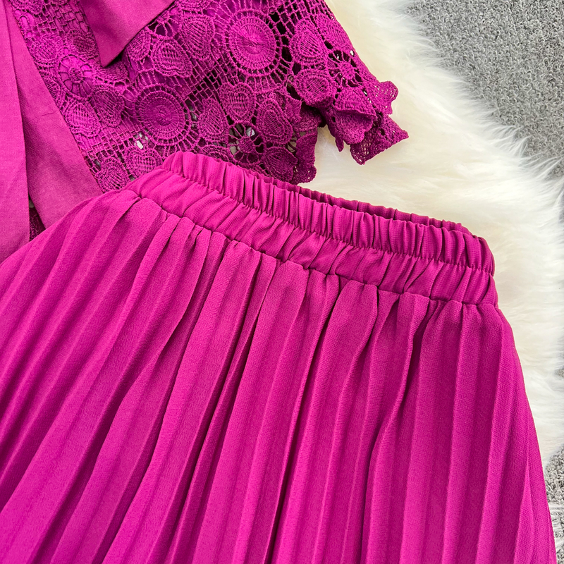 Women's fashion single breasted lace shirt two-piece set high waist a line pleated skirt_autovado.com