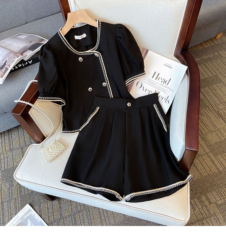 women's clothing fat mm Xiaoxiang style casual shorts contrast color tops slim temperament two-piece suit_autovado.com