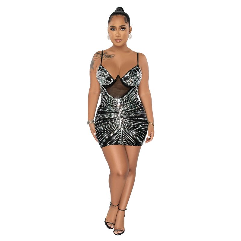 Women's hot diamond mesh suspender sleeveless short skirt dress_autovado.com