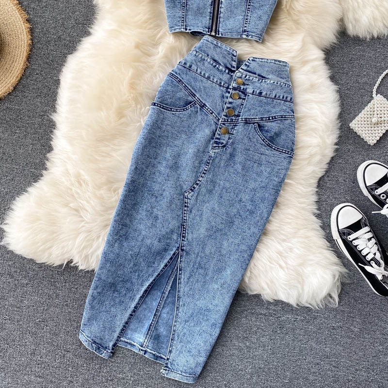 Women's fashion halter tank top high waisted denim skirt_autovado.com