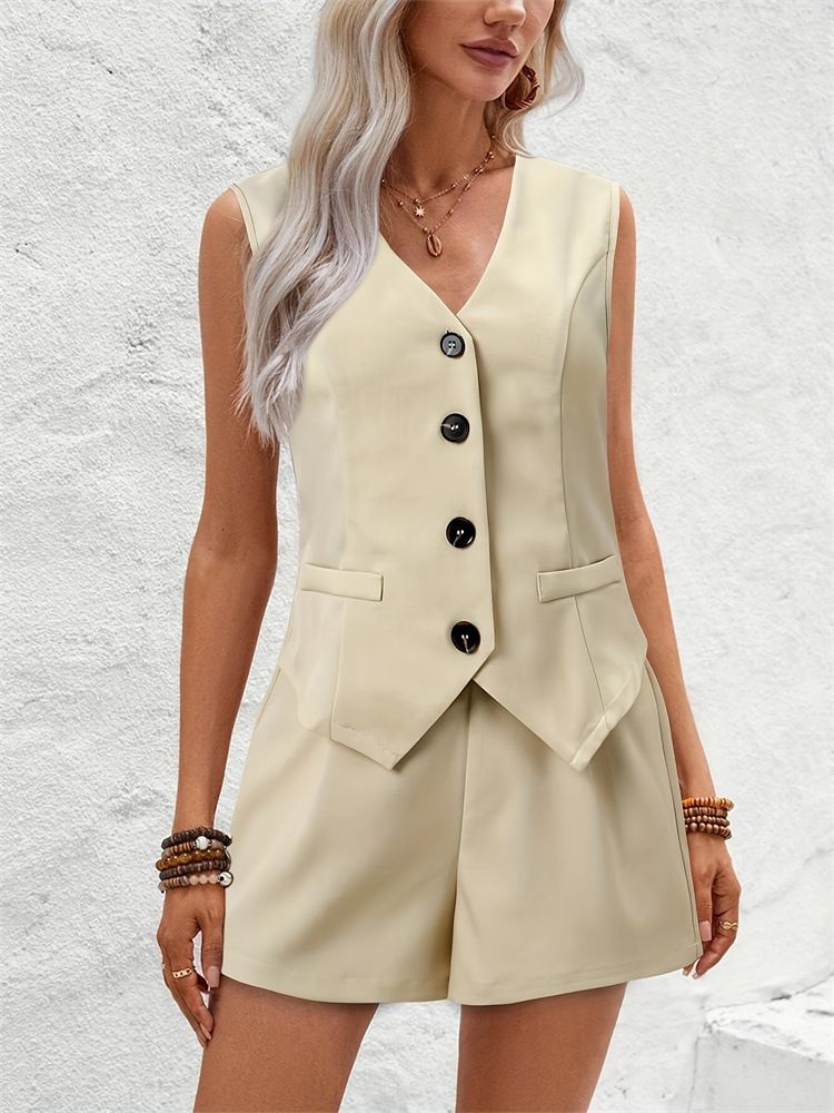 Women's Clothing new elegant commuter V neck button decoration vest shorts short two piece suit _autovado.com
