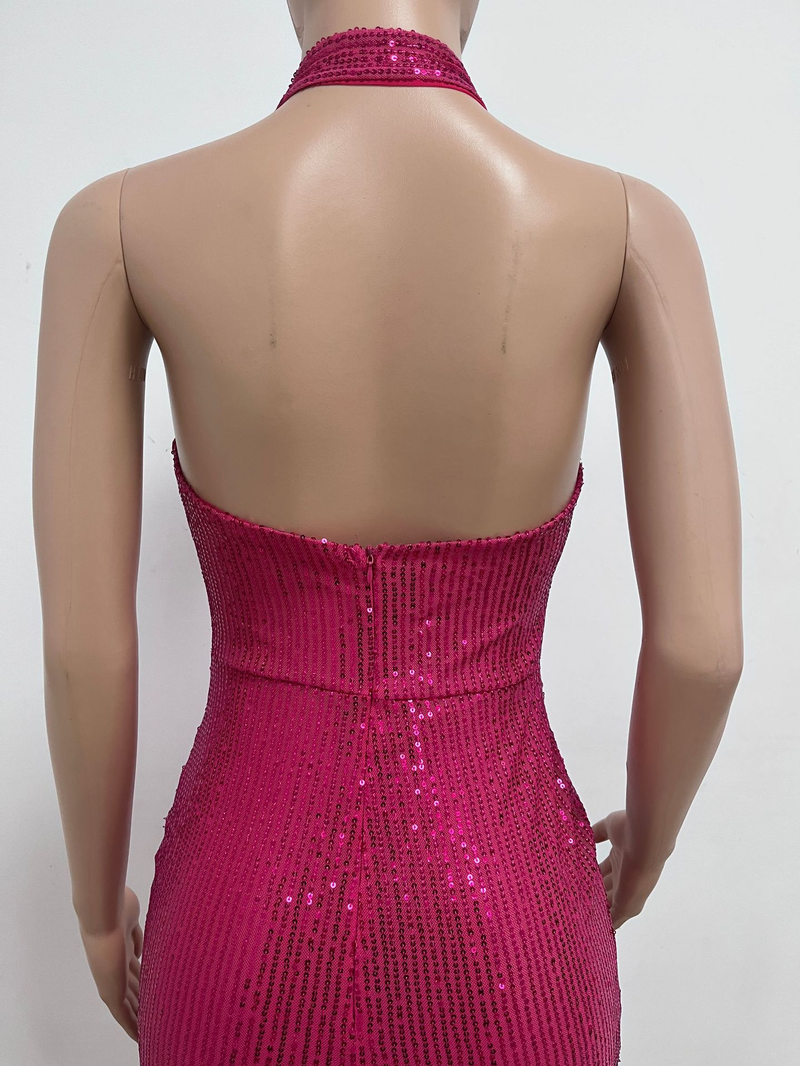 Women's slit sleeveless hot girl dress female halter neck backless sequin dress skirt_autovado.com