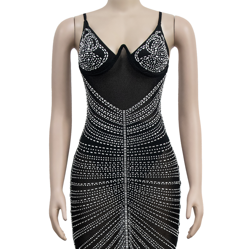 Women's hot diamond mesh suspender sleeveless short skirt dress_autovado.com